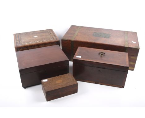 A collection of five 19th century assorted wooden boxes. Including two work boxes, a writing slope and a tea caddy, etc. Max.