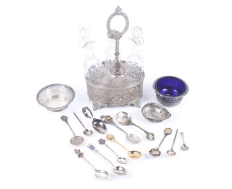 A silver pierced round sweet dish and various plated items. The sweet dish with hallmarks for Birmingham 1919; a George III s