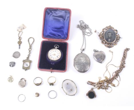 A collection of Victorian and later jewellery. Including a double belcher chain, a gold plated round locket, a fluted rectang