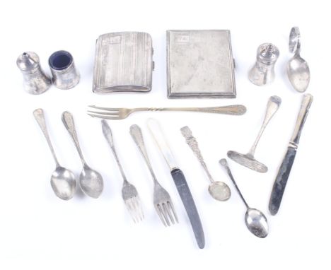 Two silver engine turned cigarette cases and other items. The cigarette cases with hallmarks for Birmingham 1924 & 1928, appr