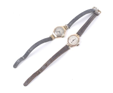 Two lady's 9ct gold tonneau-shaped wrist watches, circa 1930's. One with a silvered guilloche dial with black painted Arabic 