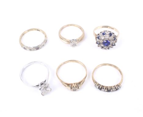 Six various vintage 9ct gold and gem set rings. Including a white gold and square cubic zirconia single stone ring, size M; a