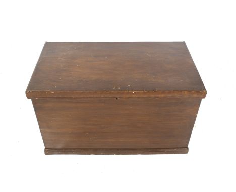 A vintage glazed wooden trunk and contents. The trunk having a hinged lid, twin handles and bun feet, the interior painted gr