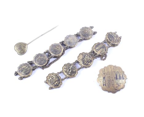 A small group of Japanese mixed metal inlaid komai technique damascene jewellery. Comprising two bracelets with chain-linked 
