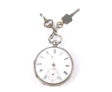 A Victorian silver cased open face pocket watch, circa 1872. The white enamelled dial with black painted Roman numerals, a su
