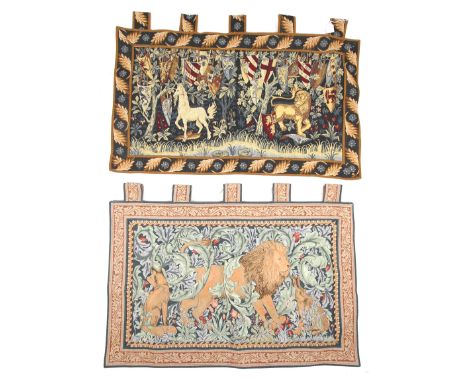 Two tapestry wall hangings. One featuring a lion in foliage, the other depicting a lion and a unicorn amongst shields. Max. 9
