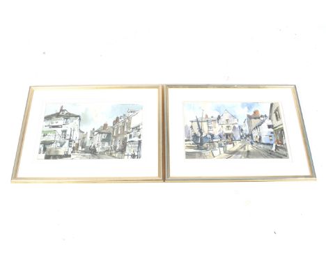 Two John Hoar (British) watercolours. One 'Port Isaac', gallery label verso, the other depicting a coastal street scene, sign