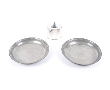 Two 18th/19th century pewter round bowls and a 19th century plated-copper oval tea caddy. The pewter bowls stamped with vario