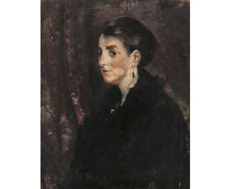 Irish School (20th Century)Portrait of a woman in a black fur collar coat and drop emerald earring, half-lengthOil on canvas,