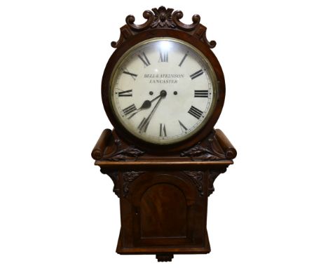 A 19th century mahogany 8-day drop-dial wall clock, the 10" painted metal dial signed Bell & Atkinson of Lancaster, in relief