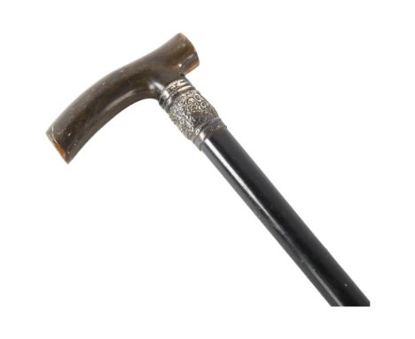 A Victorian horn-handled walking stick, with unmarked embossed silver collar 