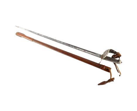 An 1890 pattern British infantry sword in leather and steel scabbard, length 102cmBlade markings indistinct, stamped 100395, 