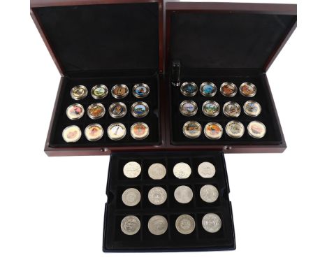 A set of Elizabeth II Cook Islands one dollar enamel coins, a set of 2013 Cook Islands one dollar enamel coins, and 24 other 