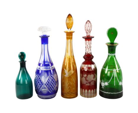 A group of 5 x 19th century coloured glass decanters, largest height 39cm (5)All in good condition with some very light scrat