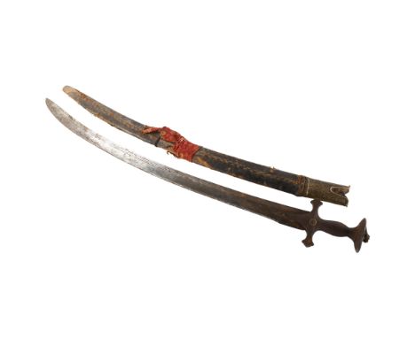 An 18th/19th century Indian Talwar in leather bound wooden scabbard, length 97cmHilt rocks slightly and is heavily pitted, sc