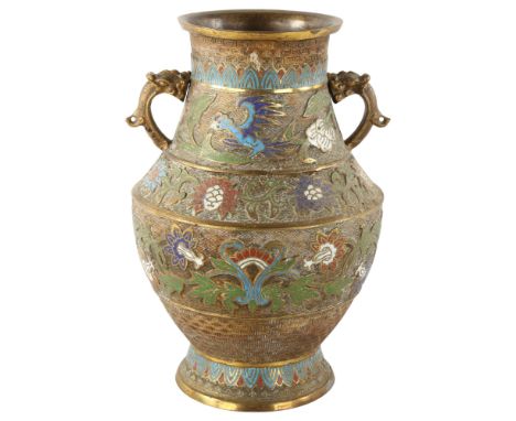 A Chinese bronze and champleve enamel 2-handled vase, with relief moulded decoration, height 30cmGood condition 