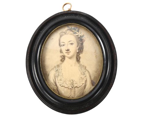 An 18th century miniature watercolour on paper, half length portrait of a lady, unsigned in moulded ebonised oval frame, fram