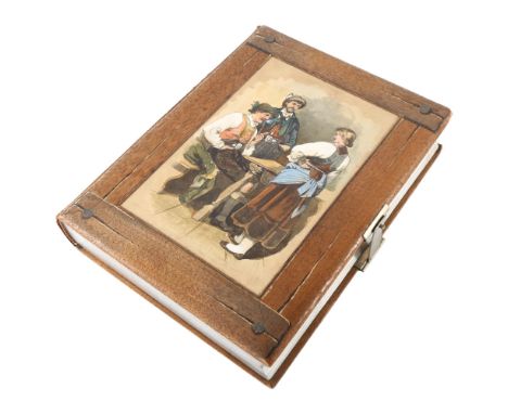 A German/Austrian photograph album circa 1900, the cover decorated with a tavern scene (hand colour transfer), 28cm x 21cm, o