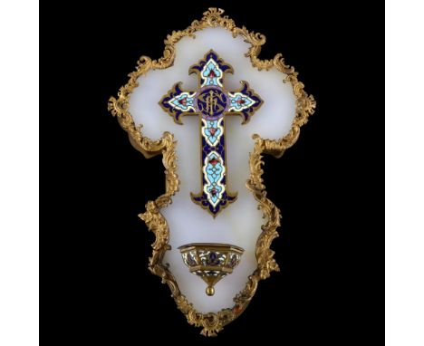 A 19th century French onyx ormolu and champleve enamel holy water receptacle, height 21cmVery good condition 