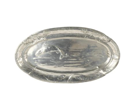 An Art Nouveau electroplate fish platter with relief moulded decoration, maker's marks B and G, pattern no. 4656, length 58cm