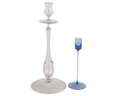 A 19th century glass candlestick, possibly French and another Scandinavian blue glass candlestick, tallest 35cmboth in good c