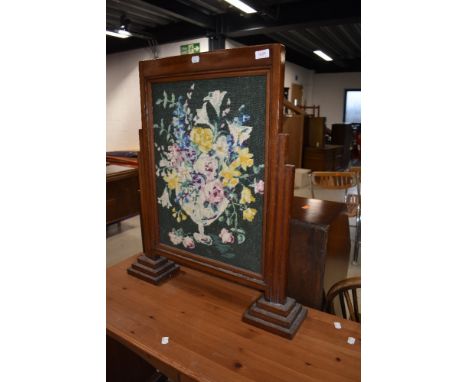 An antique fire or privacy screen having embroidery front