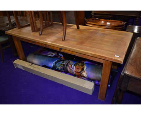 A good quality light stain refectory kitchen dining table with frieze drawers, approx. 198 x 84, height approx 71cm
