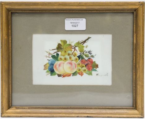 A framed and glazed tile, hand painted W. Rayworth, fruit and vines