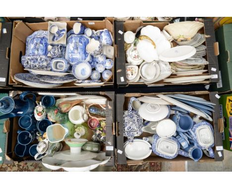 Four boxes of assorted ceramics, including Spode, blue and white, Fenton, Shelley, Tuscan, Wedgwood 
