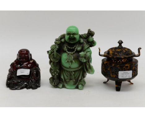 A Chinese jade style figure of a Buddha, a tortoiseshell effect Koro and another figure of a Buddha, amber style (3) 