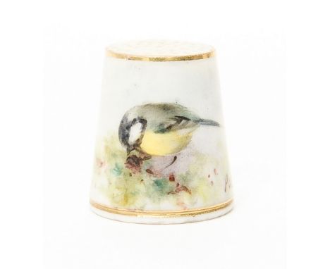 A Royal Worcester thimble painted with Blue Tit, signed by W. Powell, early 20th Century, 2.3 cm high approx 