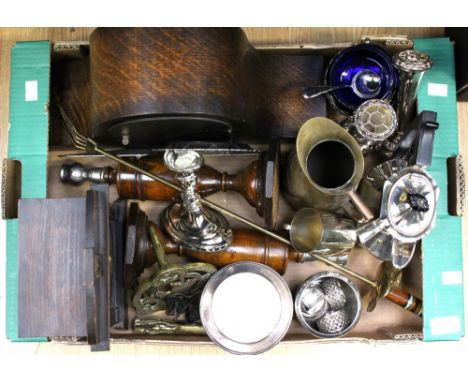 An oak Napoleon mantel clock: another oak mantel clock, a pair of oak candlesticks including brass and plated ware (1 box)