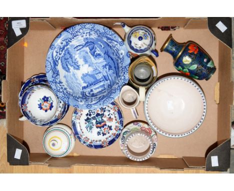 Six 1880s teaware pieces, a Spode Blue Italian bowl, an Oriental teapot, a Cloisonne vase and four ieces of Poole pottery, 19