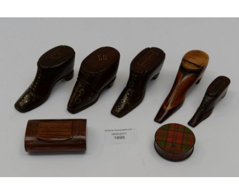 A collection of treen snuff boxes, mostly in the form of shoes; together with a tartan ware stamp box 