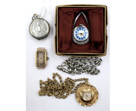 Four assorted watches comprising of Art deco 9ct gold (a/f) a silver fob watch a white metal Ingersoll pendent watch and a Ca