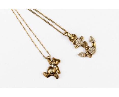 A 9ct gold anchor pendant and chain together with a yellow metal Teddy bear pendant with a diamond dicky bow on a chain with 