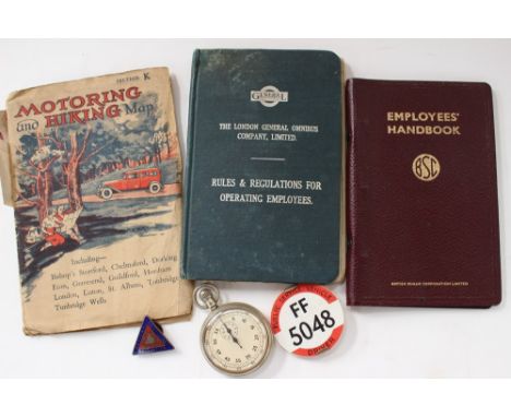 A  vintage Busman's stopwatch with associated badges and ephemera (parcel) 