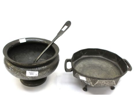 An Art Nouveau 'Period Pewter'  raised bowl, platinated, a craftsman pewter twin handled bowl and a late 18th century early 1