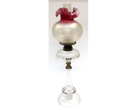 A Victorian cut glass and brass mounted oil lamp with frosted Cranberry glass shade (1) 