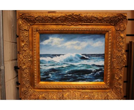 Derek Powell-Jones, Waves at Sea, oil on canvas on panel, depicting stormy seas, signed to lower left, fitted in gilt frame, 