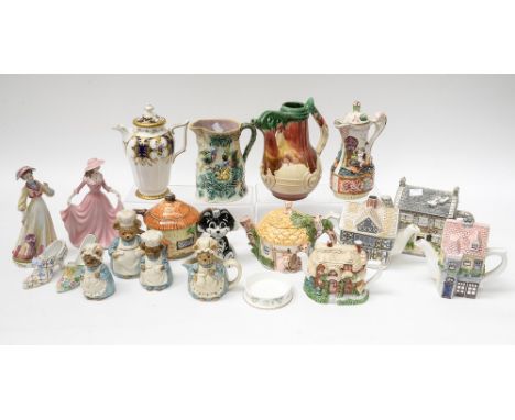 A collection of ceramics including Coalport coffee pot, Capo-dimonte relief moulded pot, art pottery jug, Lorna Bailey cat, v