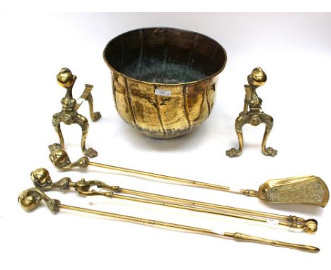 A brass ball and claw fireside companion set, with brass jardiniere; together with an Arts and Crafts copper fire screen 