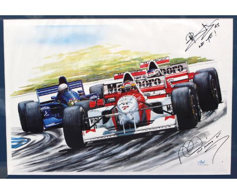 Formula 1 Memorabilia: An Aad van Koningshoven 1995 McLaren F1 print showing both McLaren's racing, the item being a rare pie