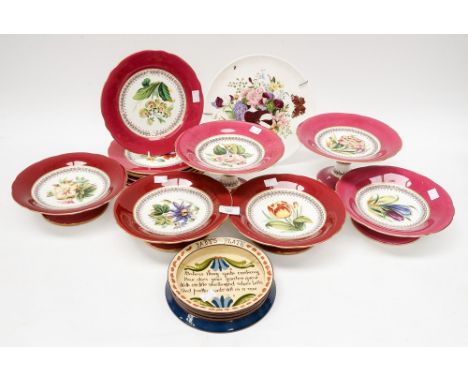 A thirteen piece Victorian dessert set, decorated with hand painted flower; together with a hand painted and signed Wedgwood 