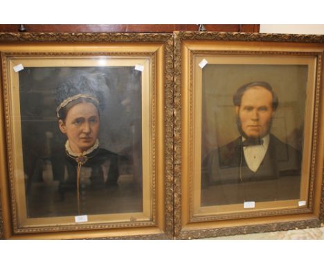 Two unsigned framed and glazed portraits, gentlemen wearing black jacket and bow tie, lady in mourning 