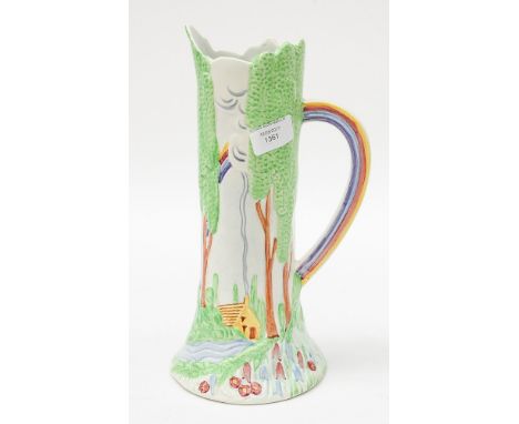 A Radford Art Deco relief moulded jug, cottage in woods with rainbow and rainbow handle, 29 cm high approx 