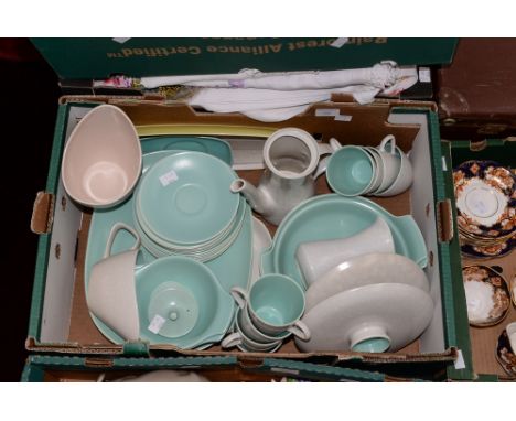 A collection of 1950s Poole, including: pale blue part dinner service; coffee pot; marrow moulded dish, etc.