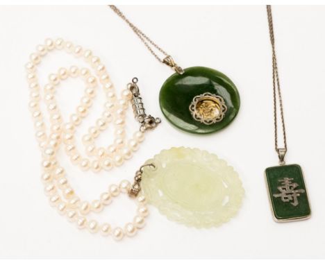 Two Chinese jade pendants with silver chain and Chinese symbols; together with a jade and cultured pearl necklace (3) 