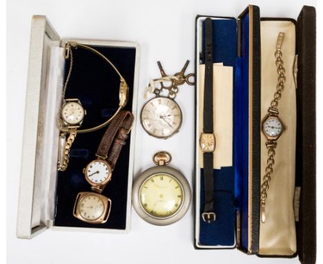 Three 9ct gold watches, a yellow metal watch, an Accurist, a Ville Russe, a white metal engine turned Hunter, stamped Argent 