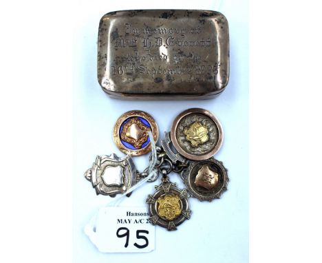 Five silver shield fobs with red metal inserts; together with a silver snuff box 1923 all Birmingham hallmarked. 